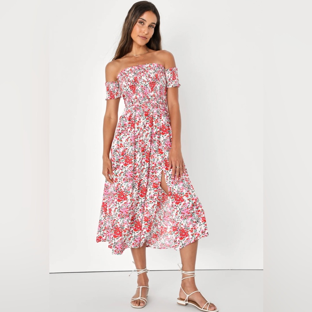 Lulus View from the Meadow Cream Garden Floral Off-the-Shoulder Dress NWT XS